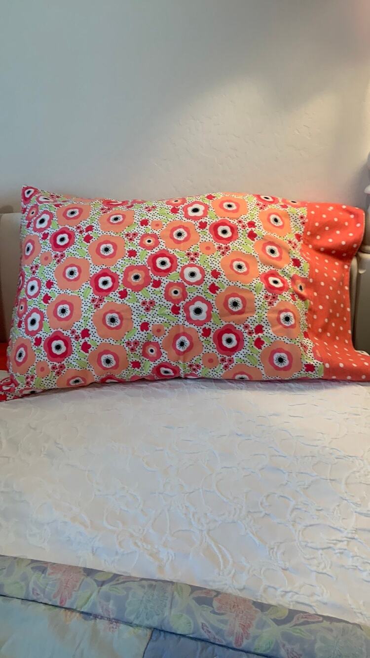 Handmade Floral Flannel Pillowcase - Coral Blooms, Polka Dot Border
